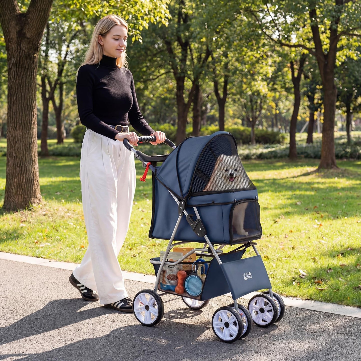Pet Stroller, 4 Wheels Foldable Dog Pushchair Cat Pram with Adjustable Canopy