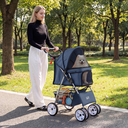 Pet Stroller, 4 Wheels Foldable Dog Pushchair Cat Pram with Adjustable Canopy