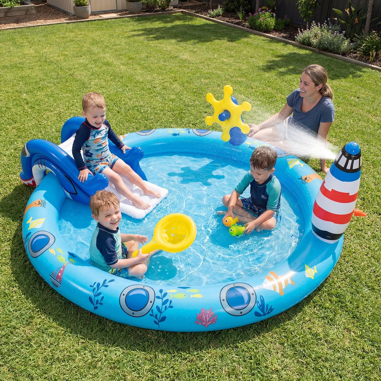 Inflatable Play Center, Marine Life Spray Paddling Pool with Slide & Sprinkle