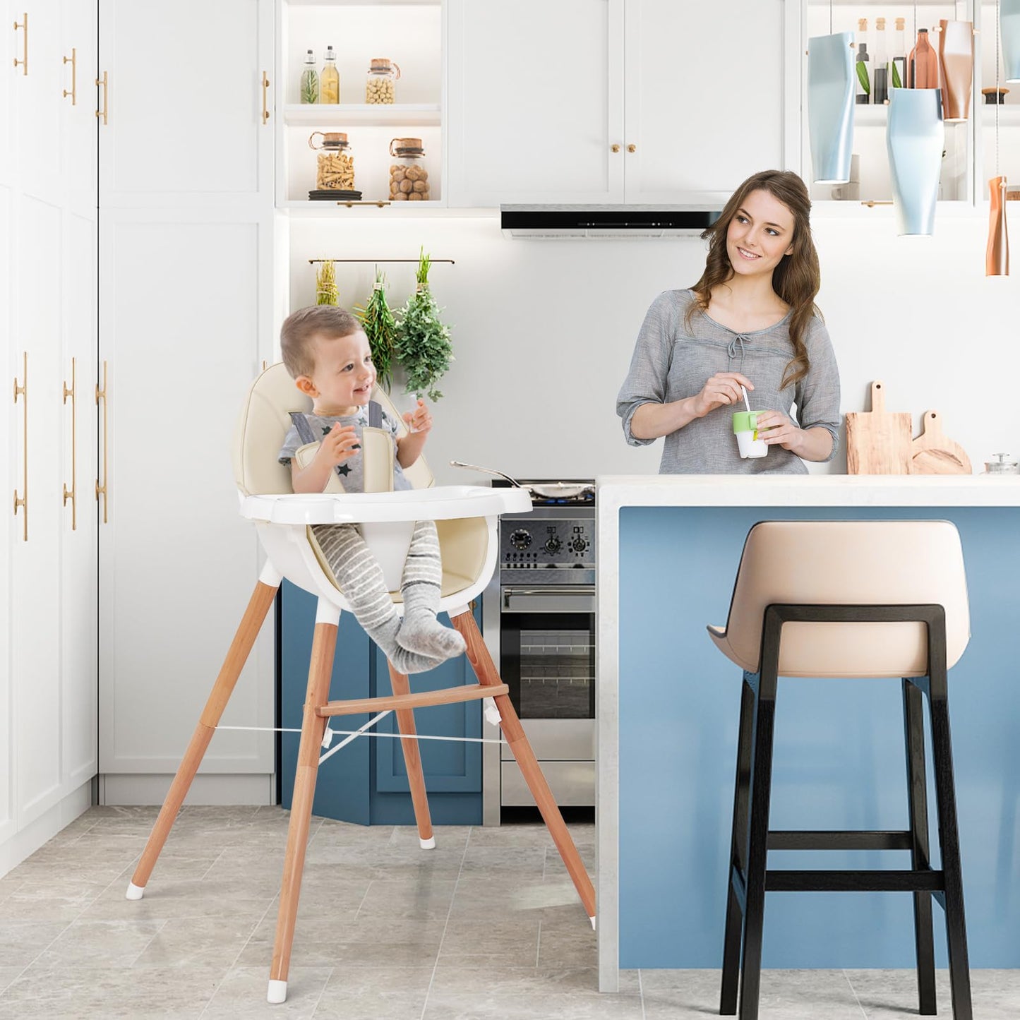 High Chair for Babies and Toddlers, Wooden Baby Highchair