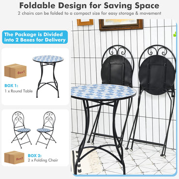Mosaic Metal Dining Set Garden Table with 2 Folding Chairs