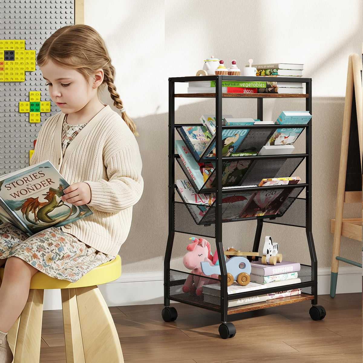 Rolling File Utility Cart with 3 Slanted Side Shelves and Lockable Wheels