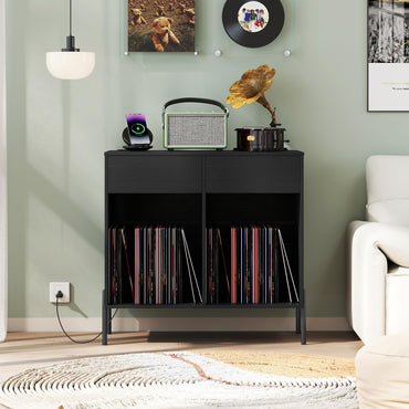 Record Player Stand with Power Outlets and Drawers for Living Room