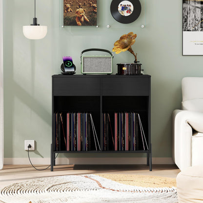 Record Player Stand with Power Outlets and Drawers for Living Room