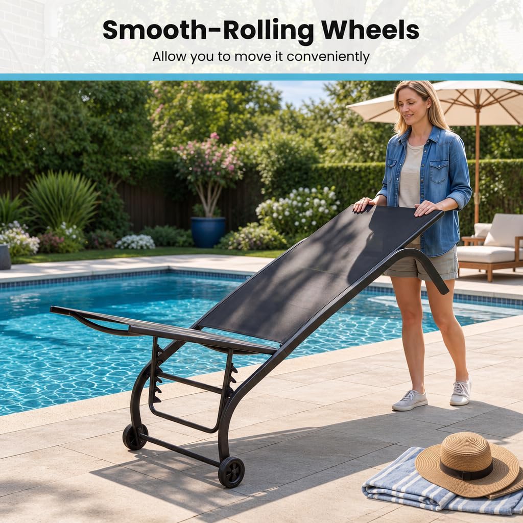 Garden Sun Lounger with Side Table, 6-Level Patio Recliner
