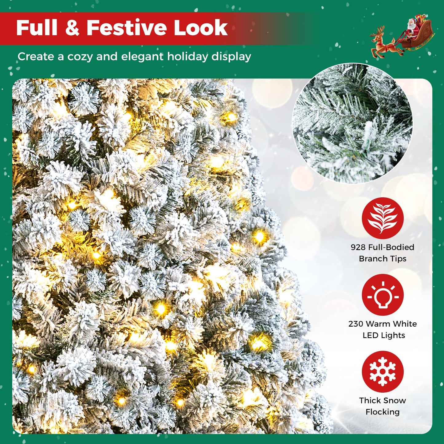 6FT Snow Flocked Christmas Tree, Pre-Lit Artificial Decoration Tree