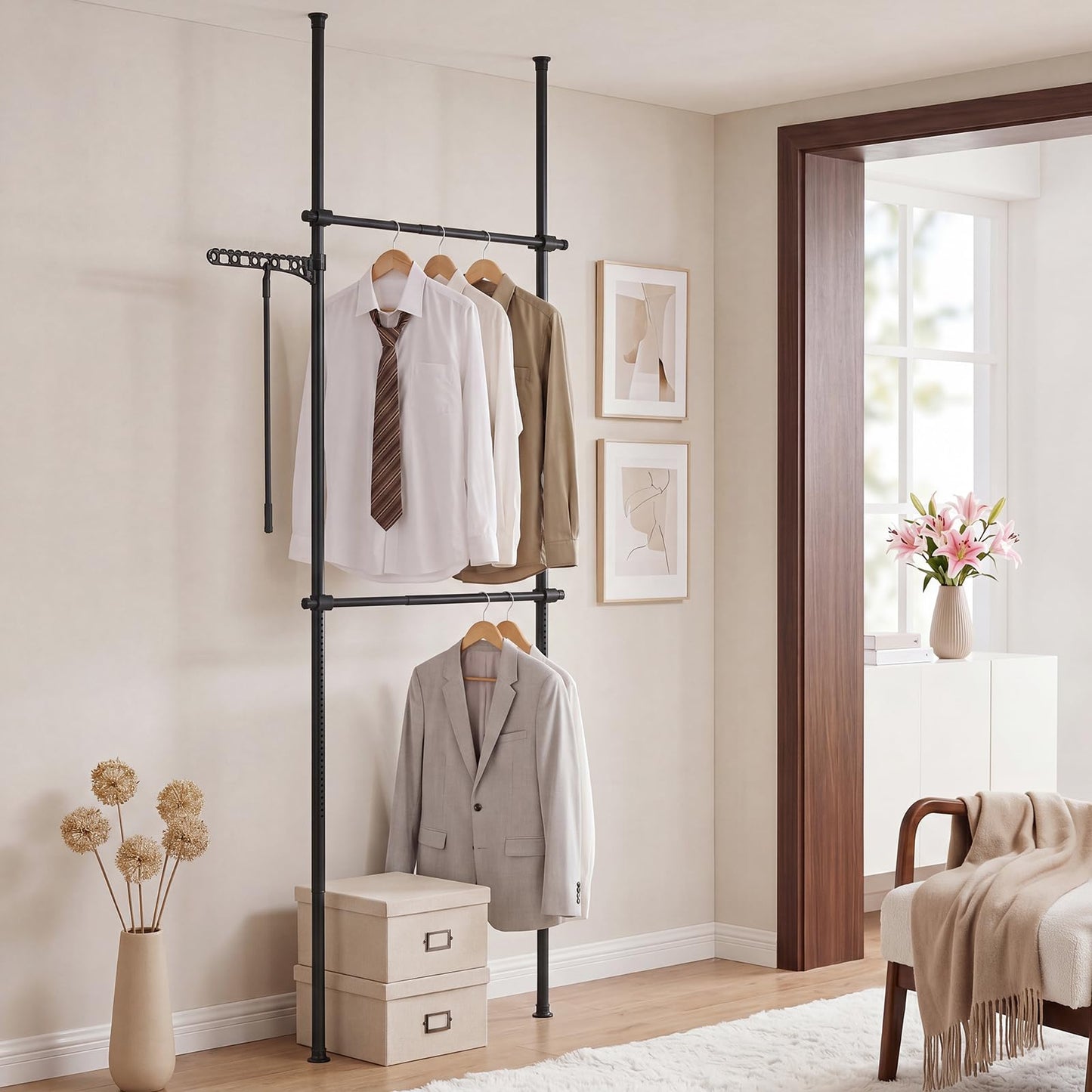 Adjustable Floor to Ceiling Clothes Rack with Double Rods & Folding Drying Rack for Laundry