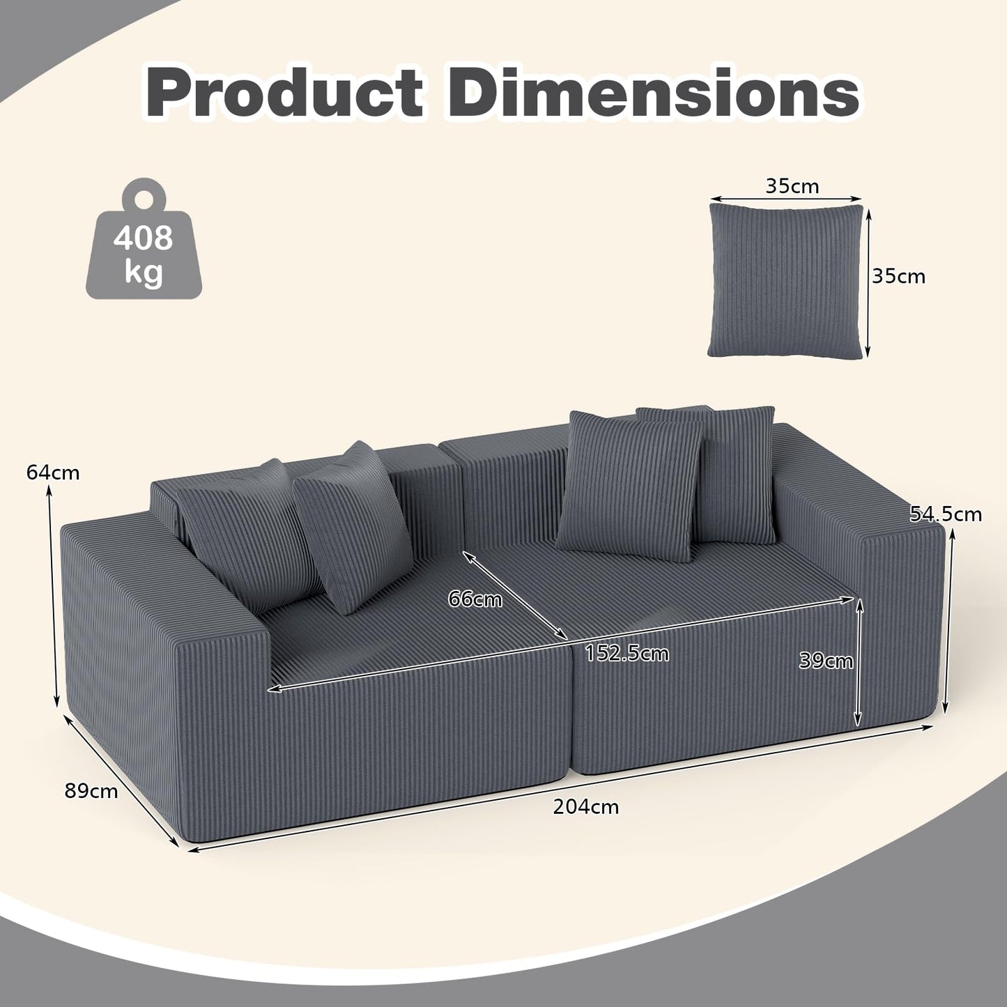 204cm Corduroy Boneless Sofa Couch with 4 Pillows