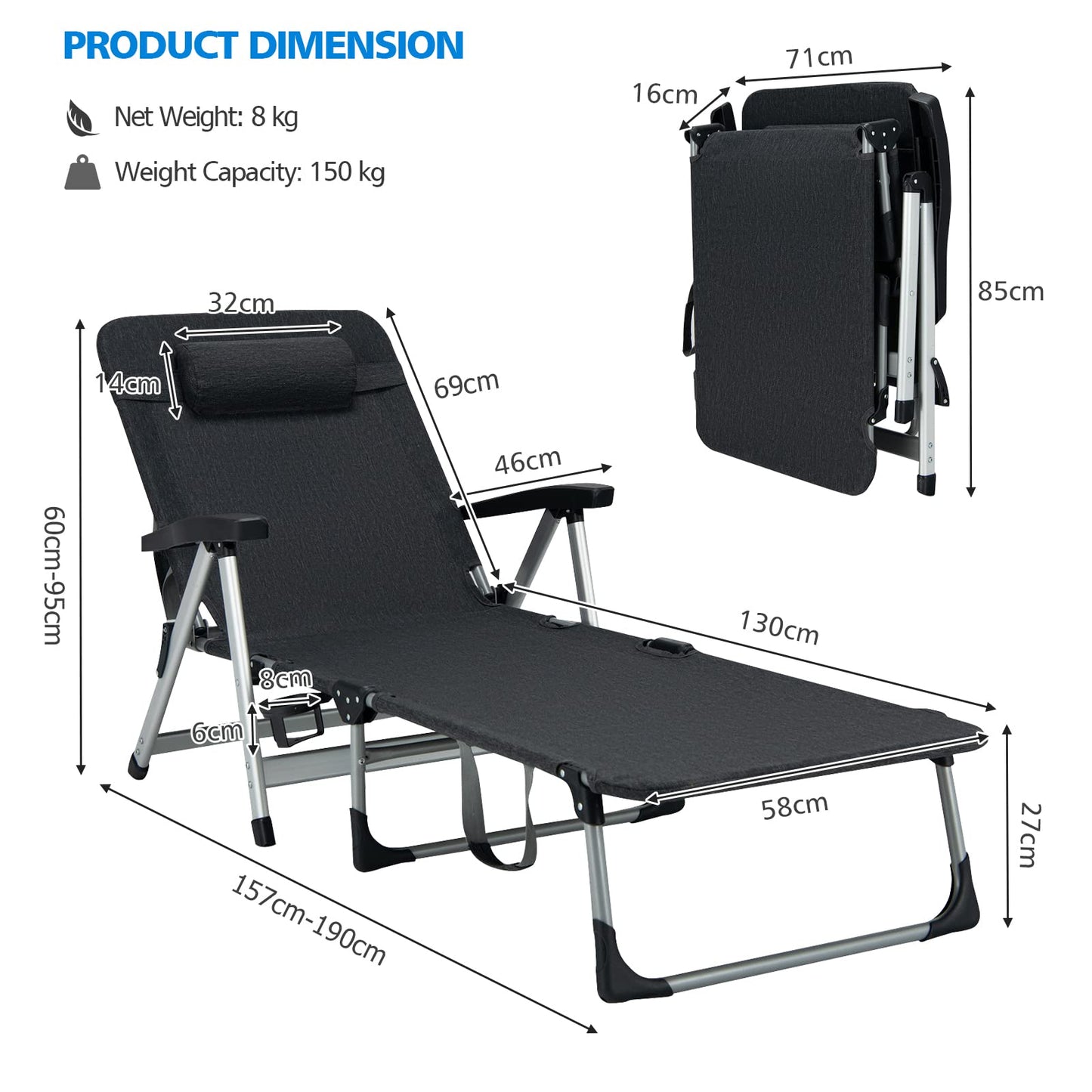 Folding Outdoor Chaise Lounger with Detachable Pillow and Cup Holder