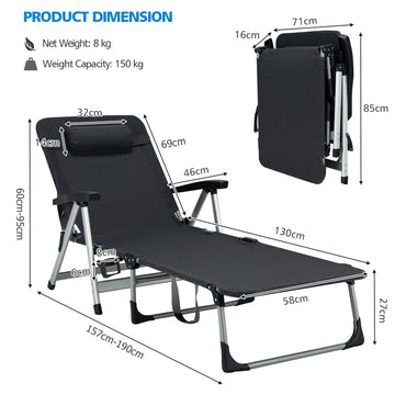 Folding Outdoor Chaise Lounger with Detachable Pillow and Cup Holder