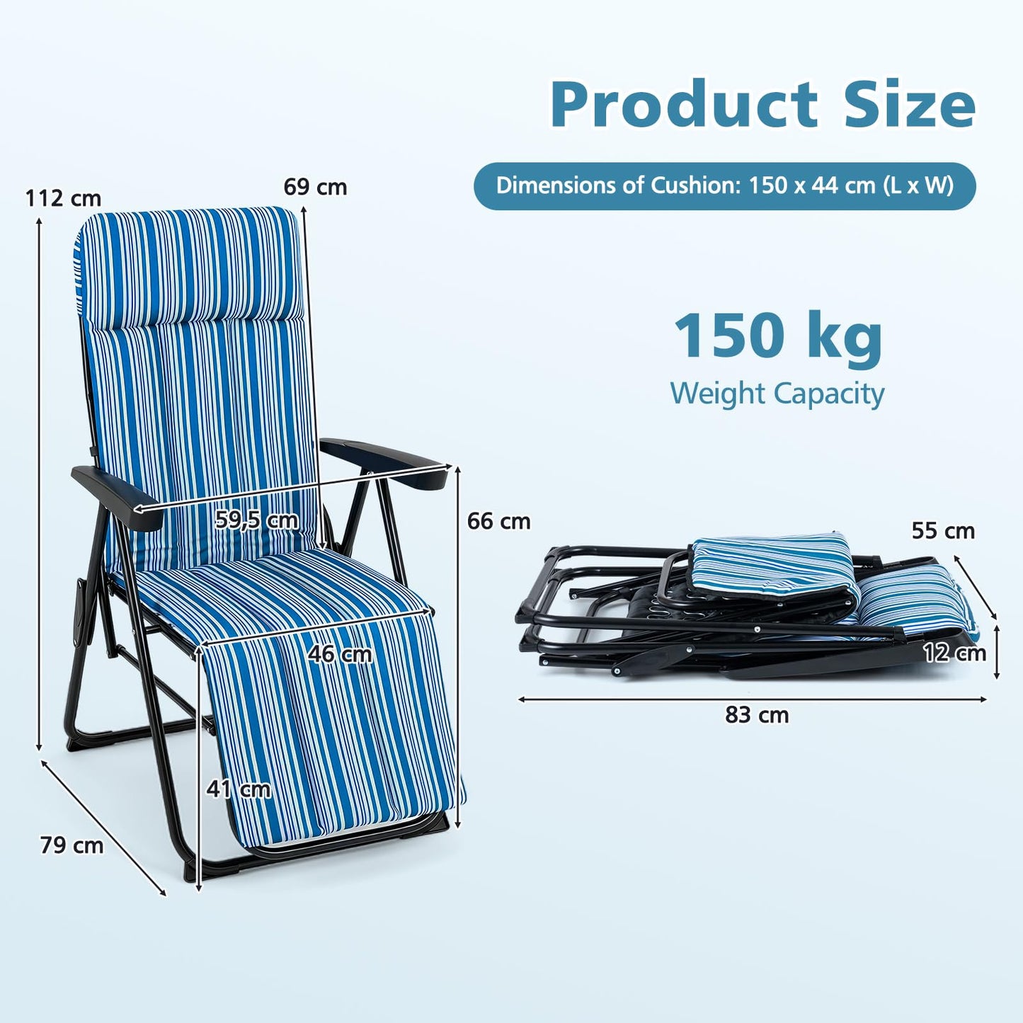 Foldable Sun Lounger Recliner with Adjustable Backrest Headrest and Armrests