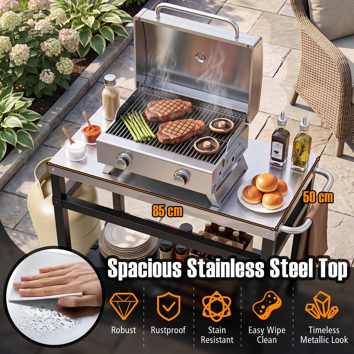 Outdoor Grill Dining Cart, Movable Pizza Oven Table Stand Trolley
