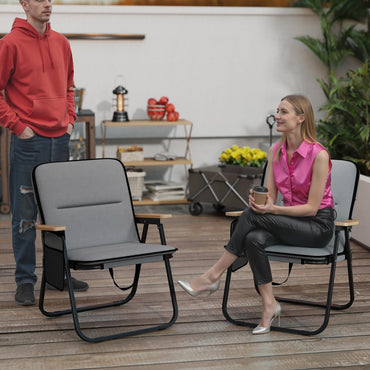 Set of 2 Folding Camping Chairs with Storage Pocket and Armrests