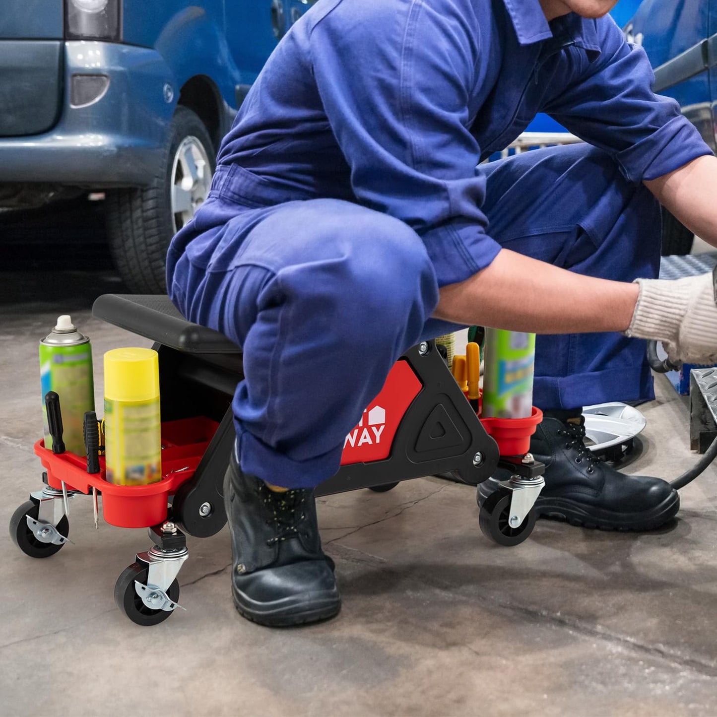 Heavy-Duty Garage Stool on Wheels with Slide Out Drawer and 2 Partition Trays