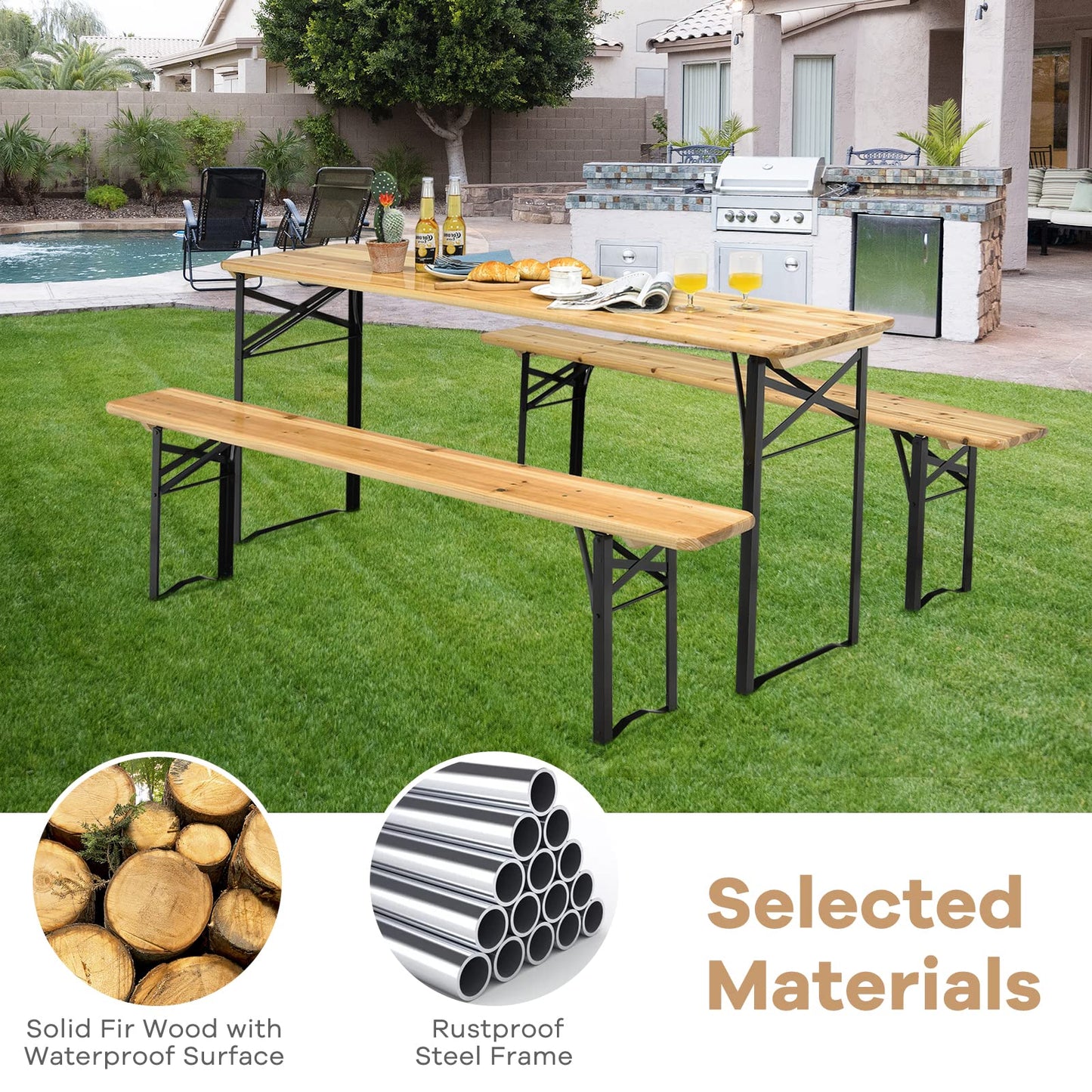 3 Pieces Folding Picnic Table and Bench Set Wooden Beer Table Set