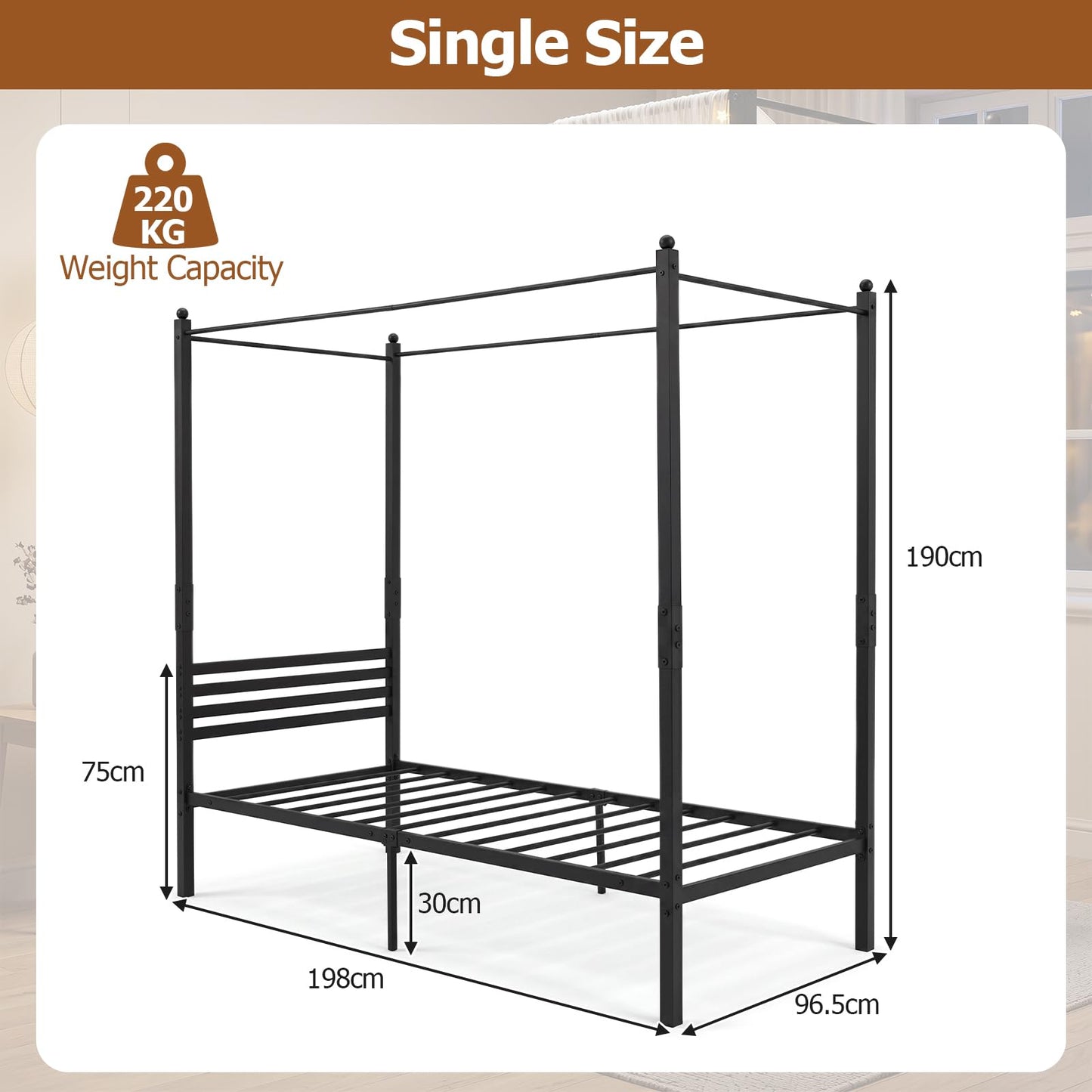 4-Poster Metal Platform Bed with Headboard and Under-Bed Storage