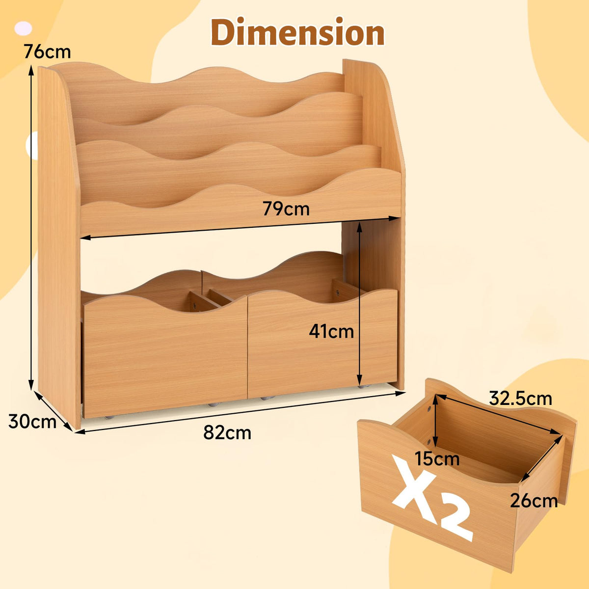 Kids Bookshelf, Storage Organizer with 2 Rolling Drawers