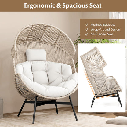 Oversized Wicker Egg Chair with Thick Cushions and Headrest