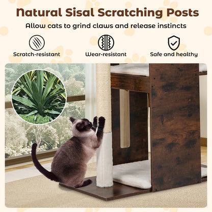 Wooden Cat Activity Center with Sisal Scratching Posts and Hanging Balls