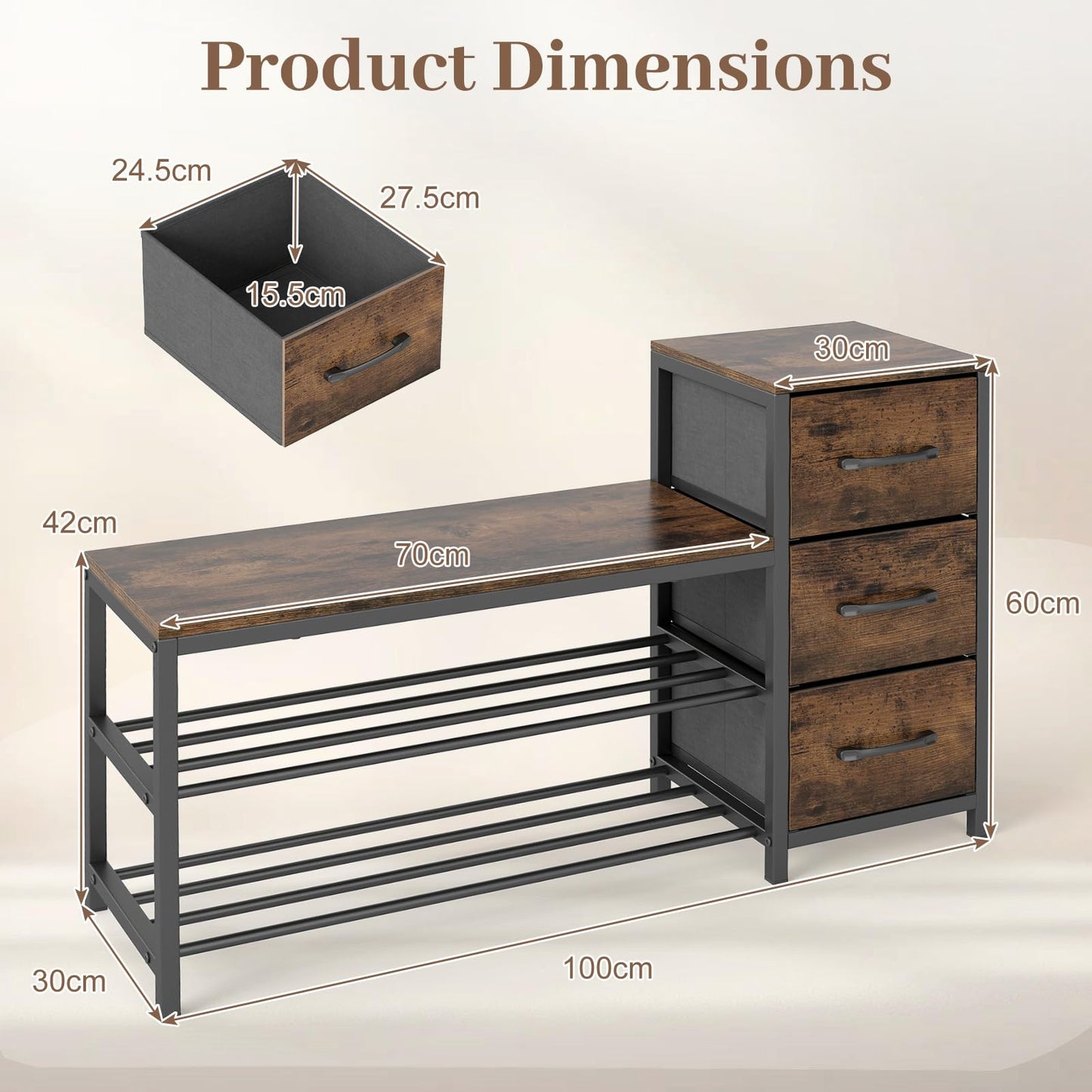 Industrial Shoe Bench with 3 Removable Drawers and Anti-Toppling Kits for Entryway