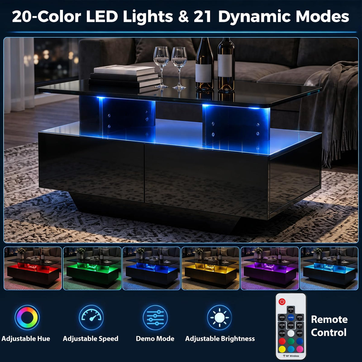 90 CM High LED Coffee Table with 2 Storage Drawers and 20-Color LED Lights