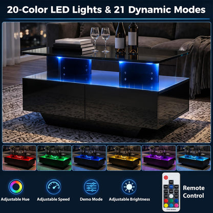 90 CM High LED Coffee Table with 2 Storage Drawers and 20-Color LED Lights