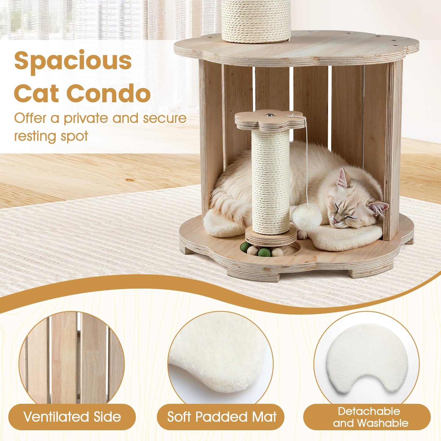 Wooden Cat Tree 3-Level Cute Kitten Tower with Condo Space Capsule Scratching Posts