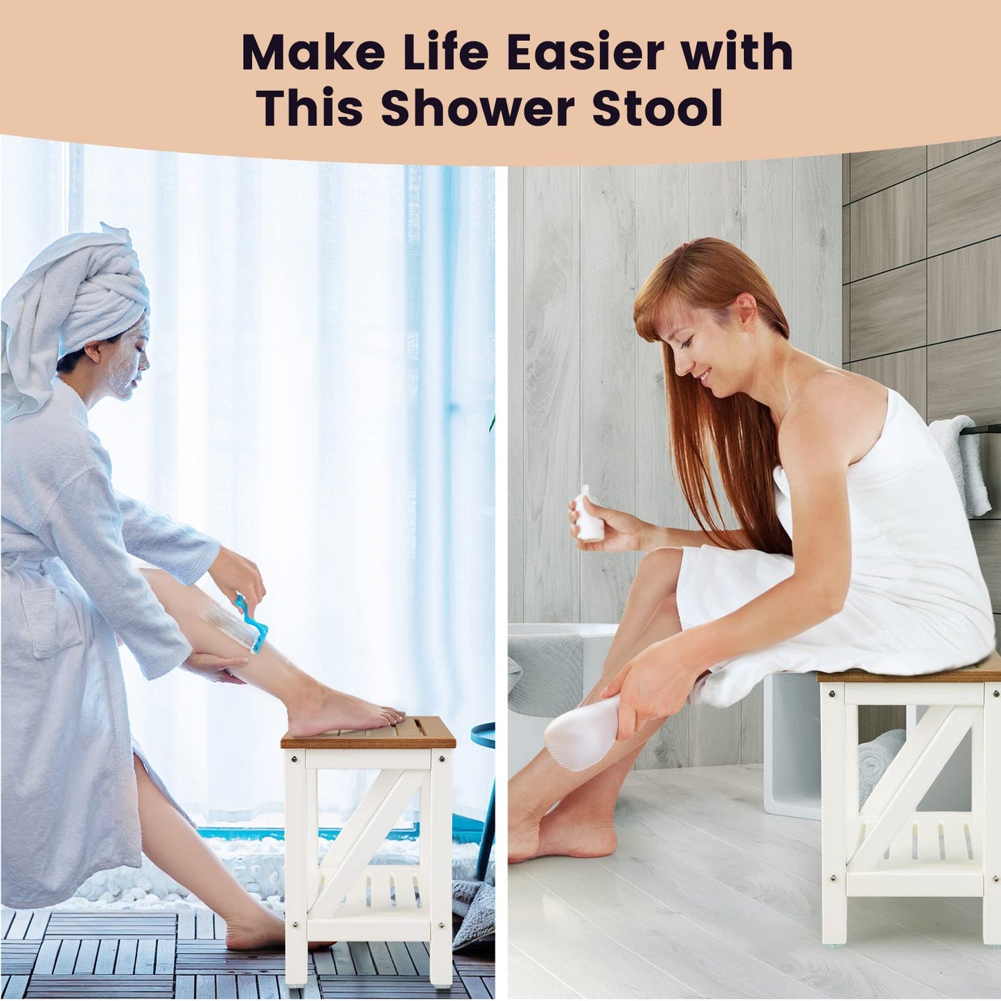 Shower Stool, HDPE Slatted Bathtub Shower Chair with Anti-Slip Foot Pads