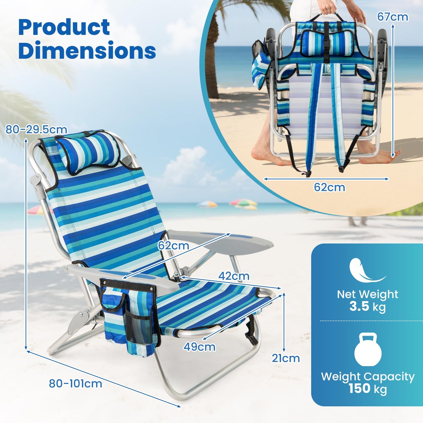 Folding Backpack Beach Chair, Adjustable Position Camping Chair