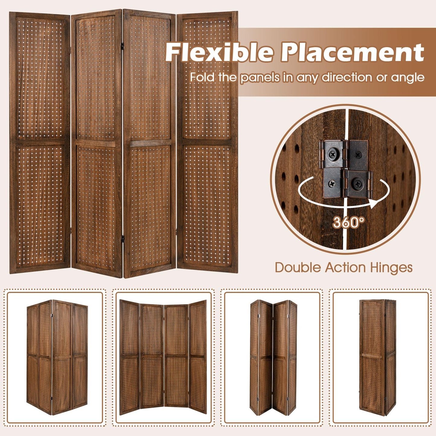 4 Panel Folding Room Divider with Pegboard Display  Wooden Wall Privacy Screen Protector