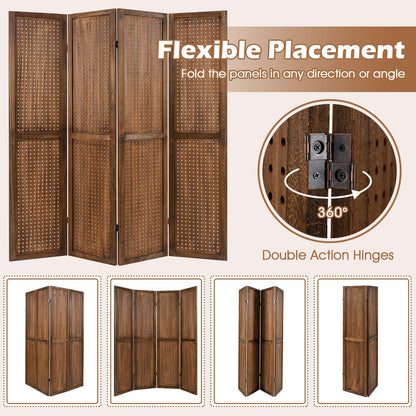 4 Panel Folding Room Divider with Pegboard Display  Wooden Wall Privacy Screen Protector