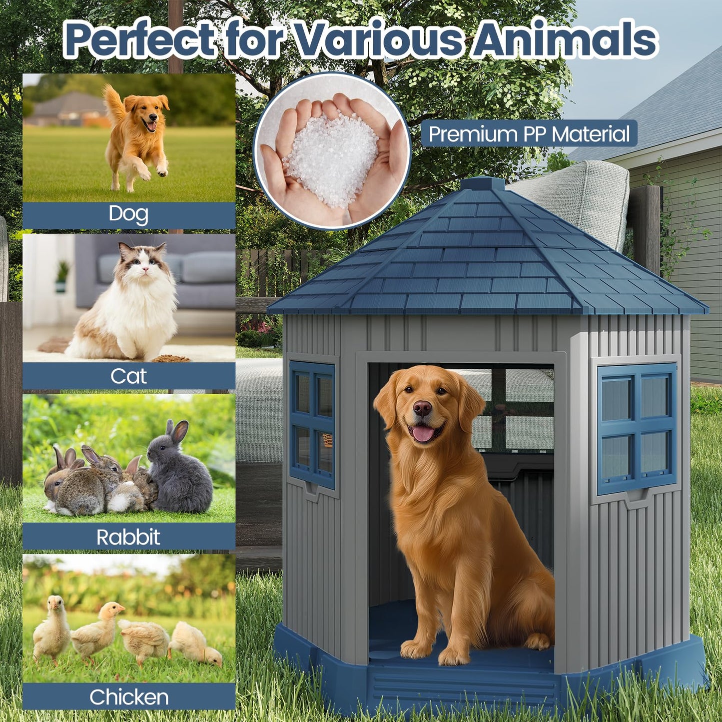 Outdoor Dog House with 2 Windows and Skylight for Small Medium Dogs