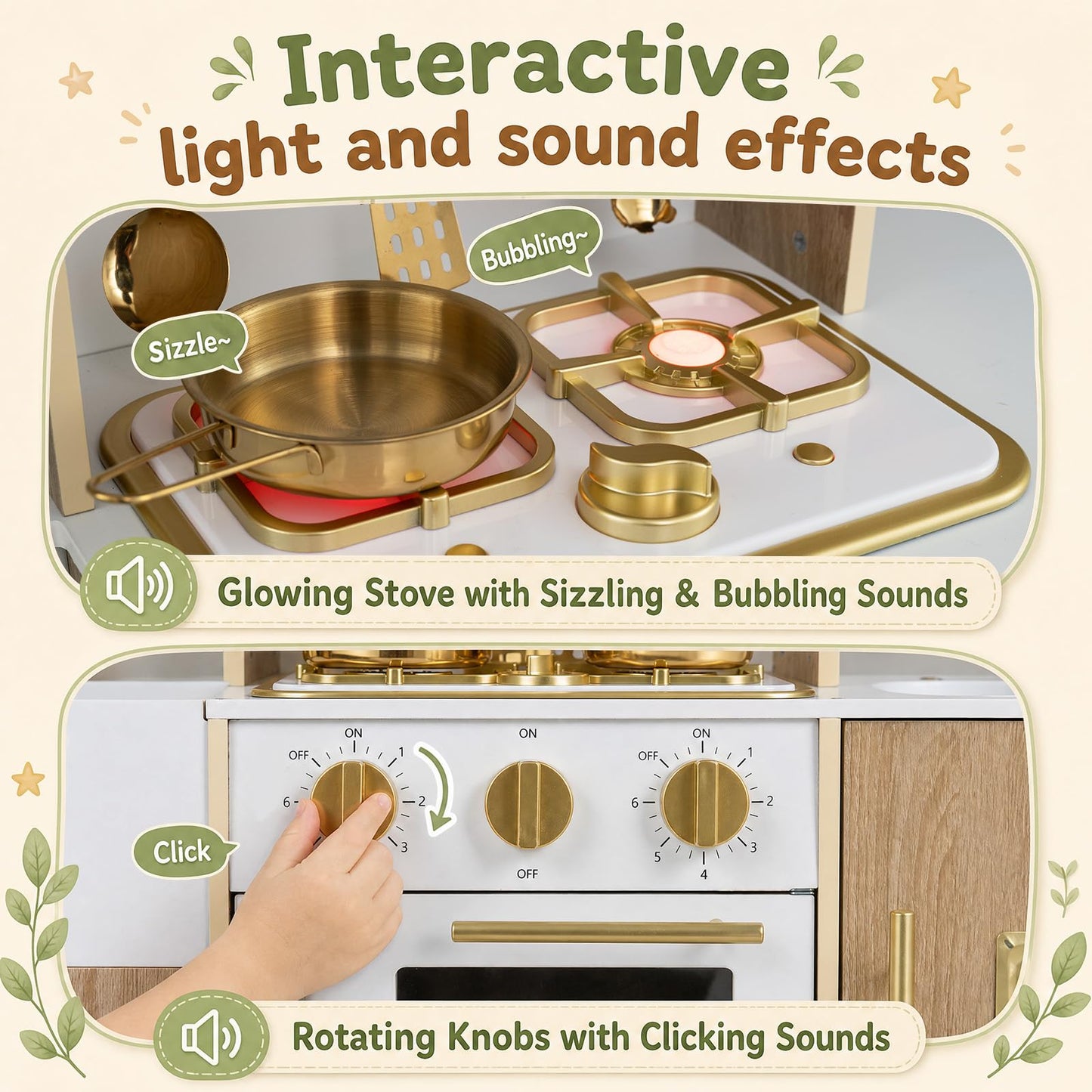 Kids Play Kitchen, Wooden Toy Kitchen with Stoves, Ice Maker, Oven