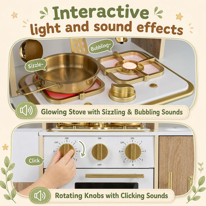 Kids Play Kitchen, Wooden Toy Kitchen with Stoves, Ice Maker, Oven