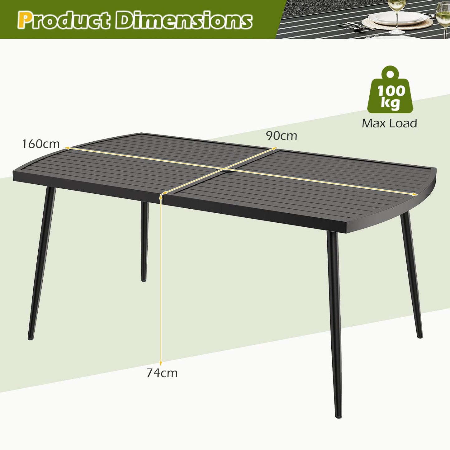 160 x 90cm Garden Table for 6, Outdoor Dining Table with 4cm Umbrella Hole