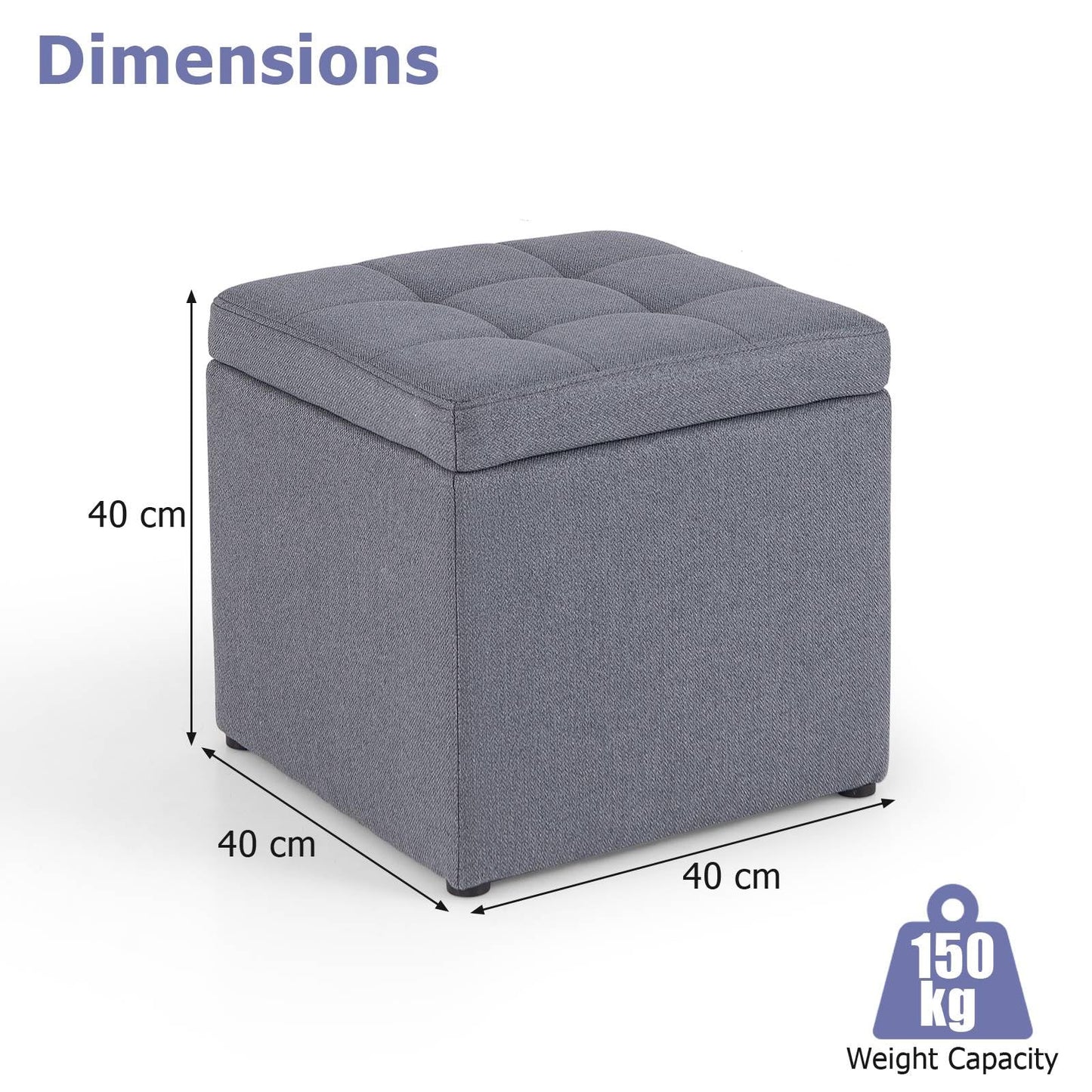 40 cm Square Storage Ottoman Linen Fabric Footstool with Lid