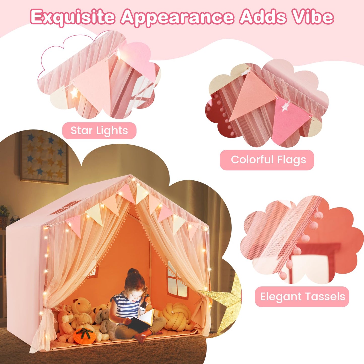 Kids Play Tent 3-4 Kids Large Play Tent House with Fabric and Screen Curtains
