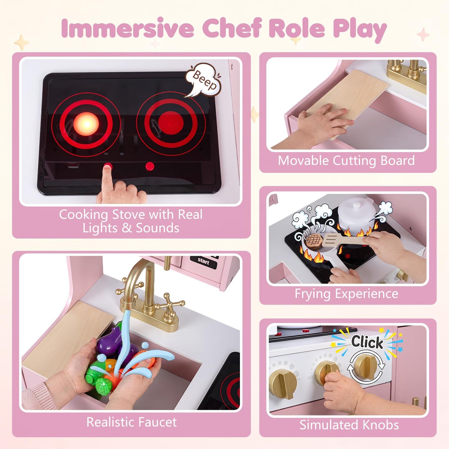 Kids Play Kitchen, Wooden Toy Kitchen with Stoves
