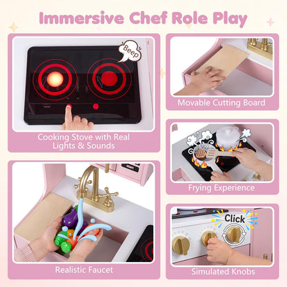 Kids Play Kitchen, Wooden Toy Kitchen with Stoves