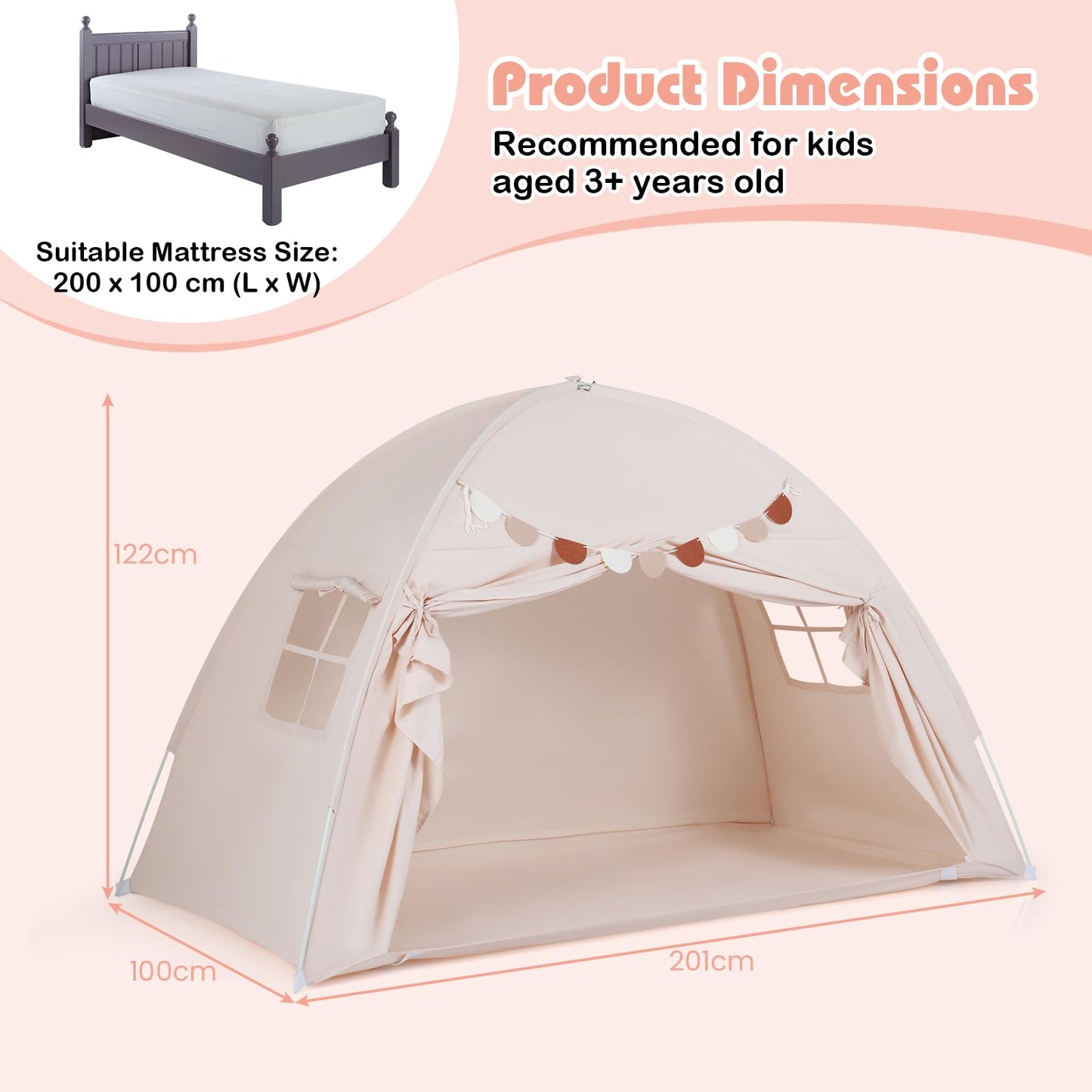 Foldable and Portable Canopy Tent on Twin Bunk Bed with 2 Windows