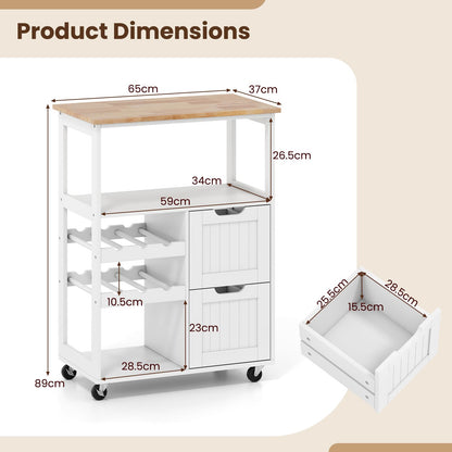 Rolling Kitchen Island Cart with Rubber Wood Top, White