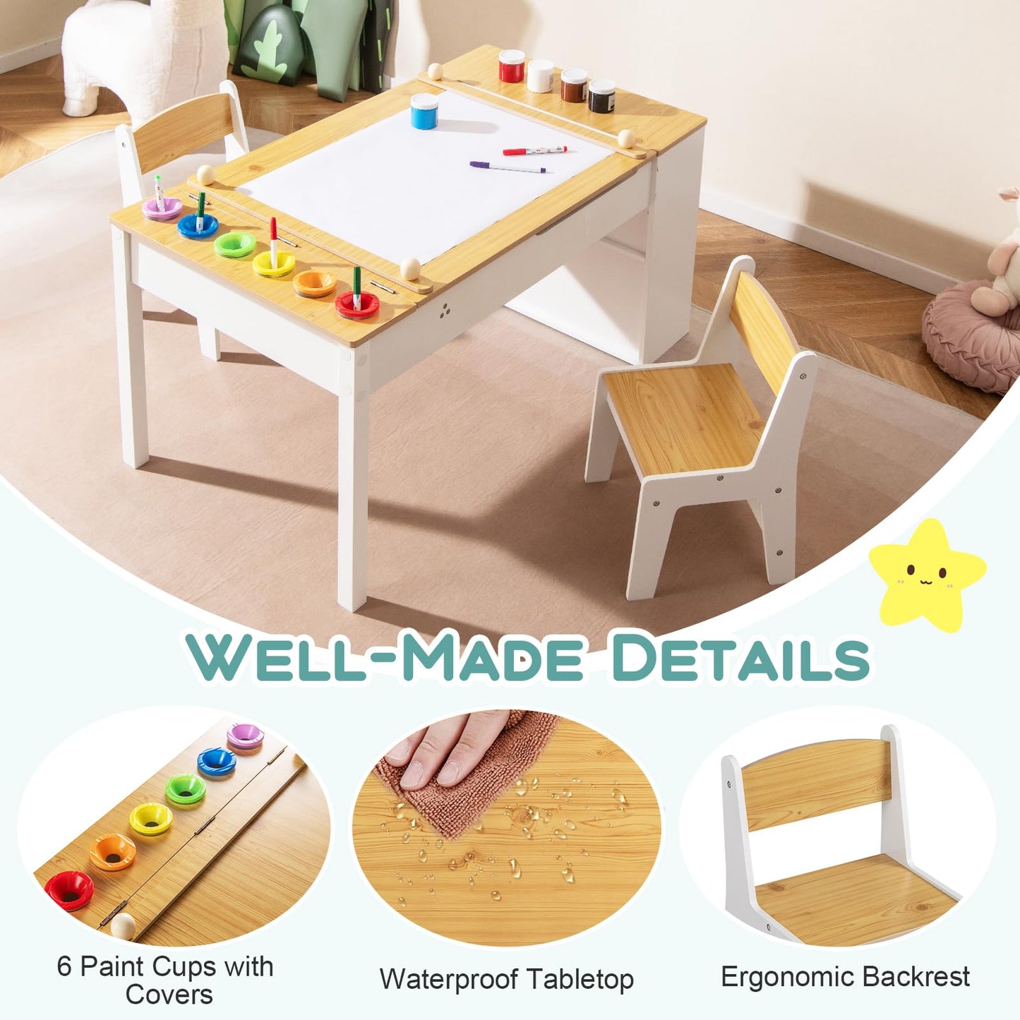 2-in-1 Kids Art Table and Easel Set with Chairs and Liftable Tabletop