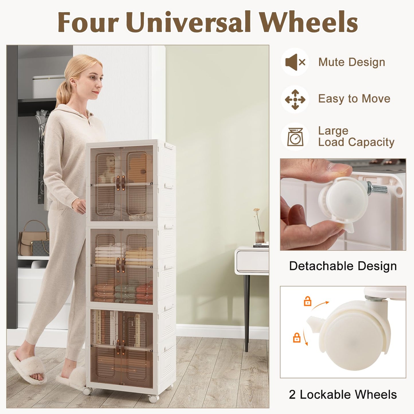 6-Cube Stackable Storage Bins with Lockable Wheels for for Kitchen Living Room Bedroom