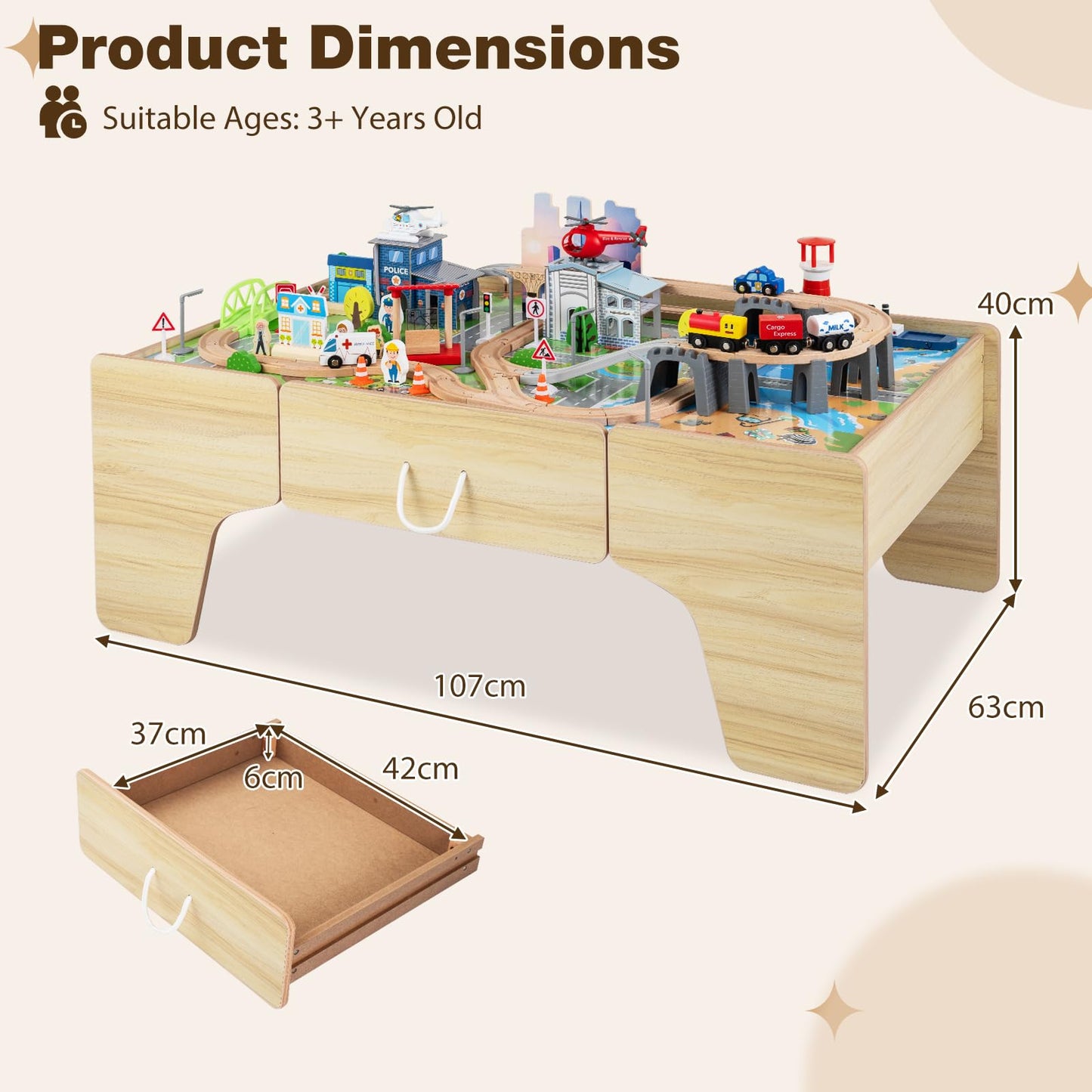 Wooden Train Track Set, 3-in-1 Kids Activity Table