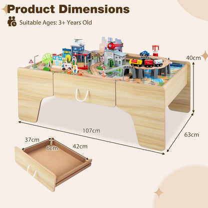 Wooden Train Track Set, 3-in-1 Kids Activity Table