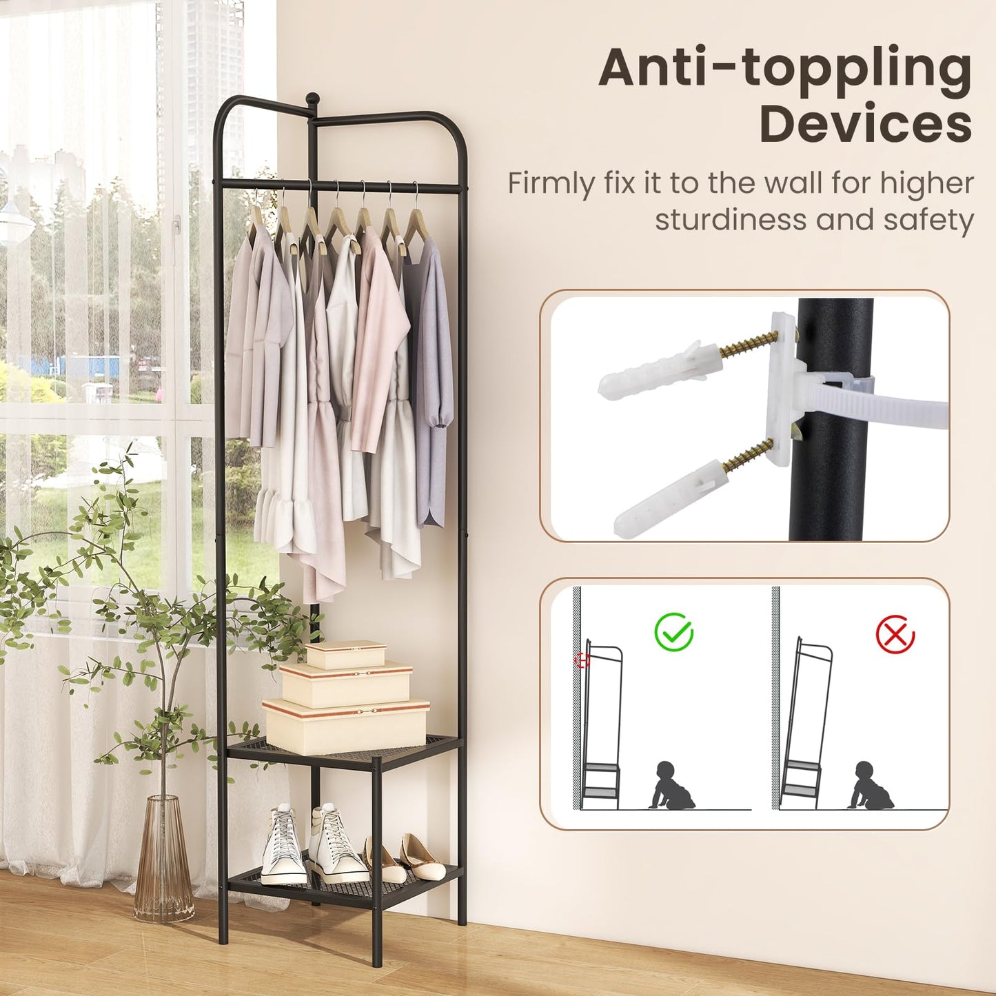 Corner Coat Rack with Shelves and Top Hanger