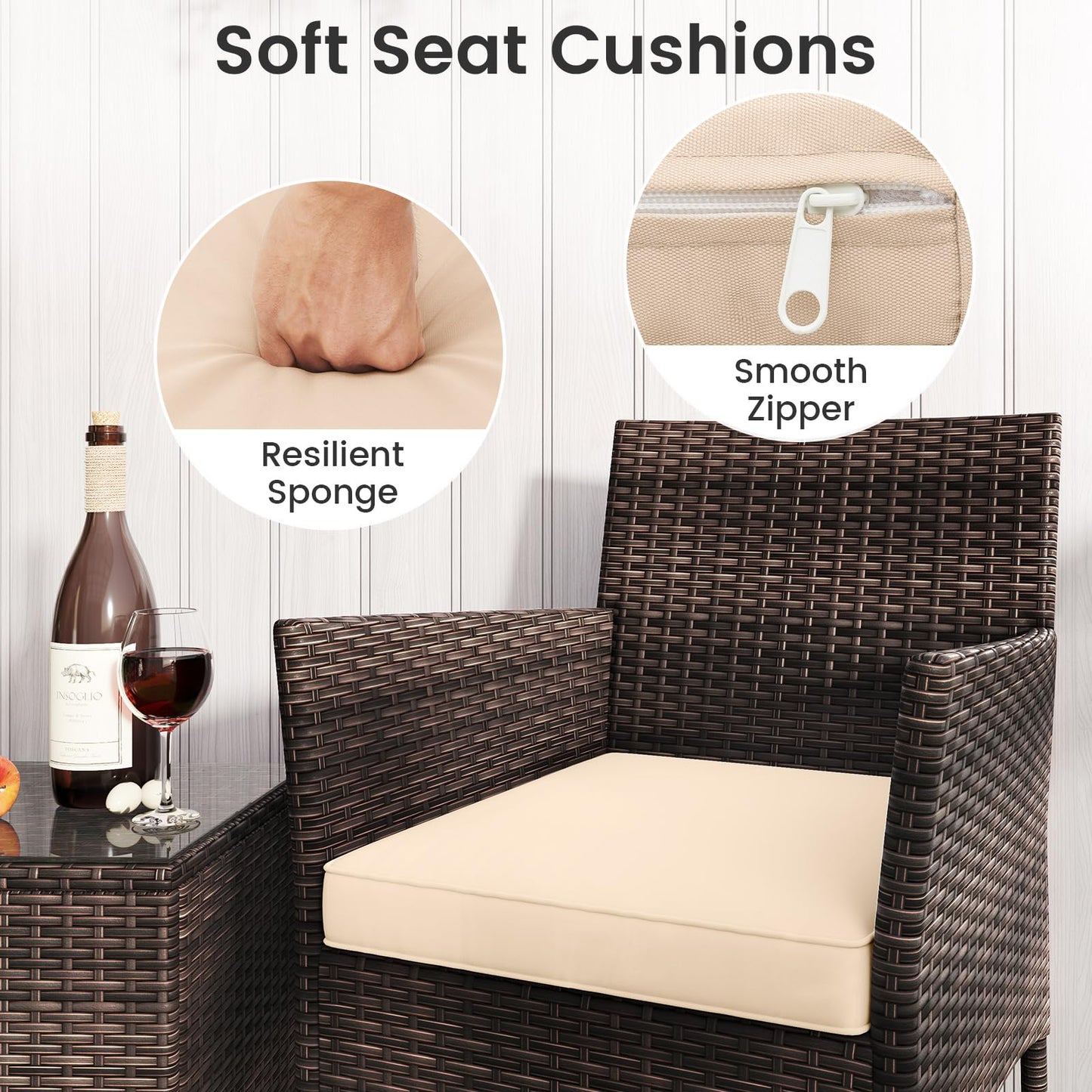 3 Pieces Patio Rattan Furniture Set with Soft Cushions and Glass Top Table