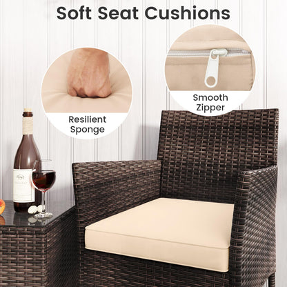 3 Pieces Patio Rattan Furniture Set with Soft Cushions and Glass Top Table