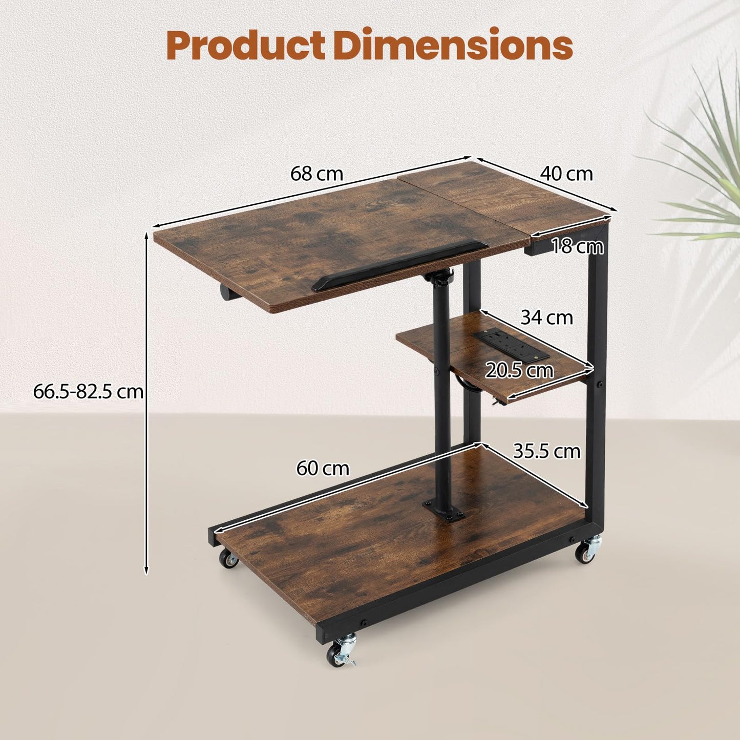 Height Adjustable C-Shaped Side Table with Charging Station, Wheels