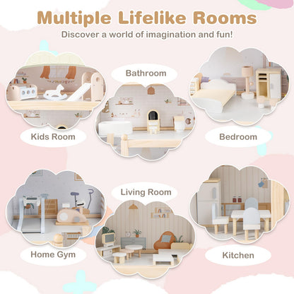 Wooden Dollhouse with 33 PCS Furniture Accessories for Girls and Boys